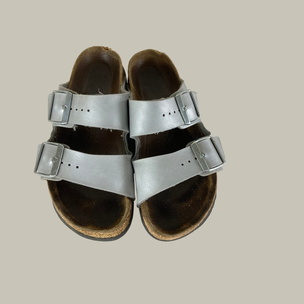 Birkenstock Arizona Sandals Womens 6 37 Silver Leather Double Strap Comfort Boho - Picture 2 of 8